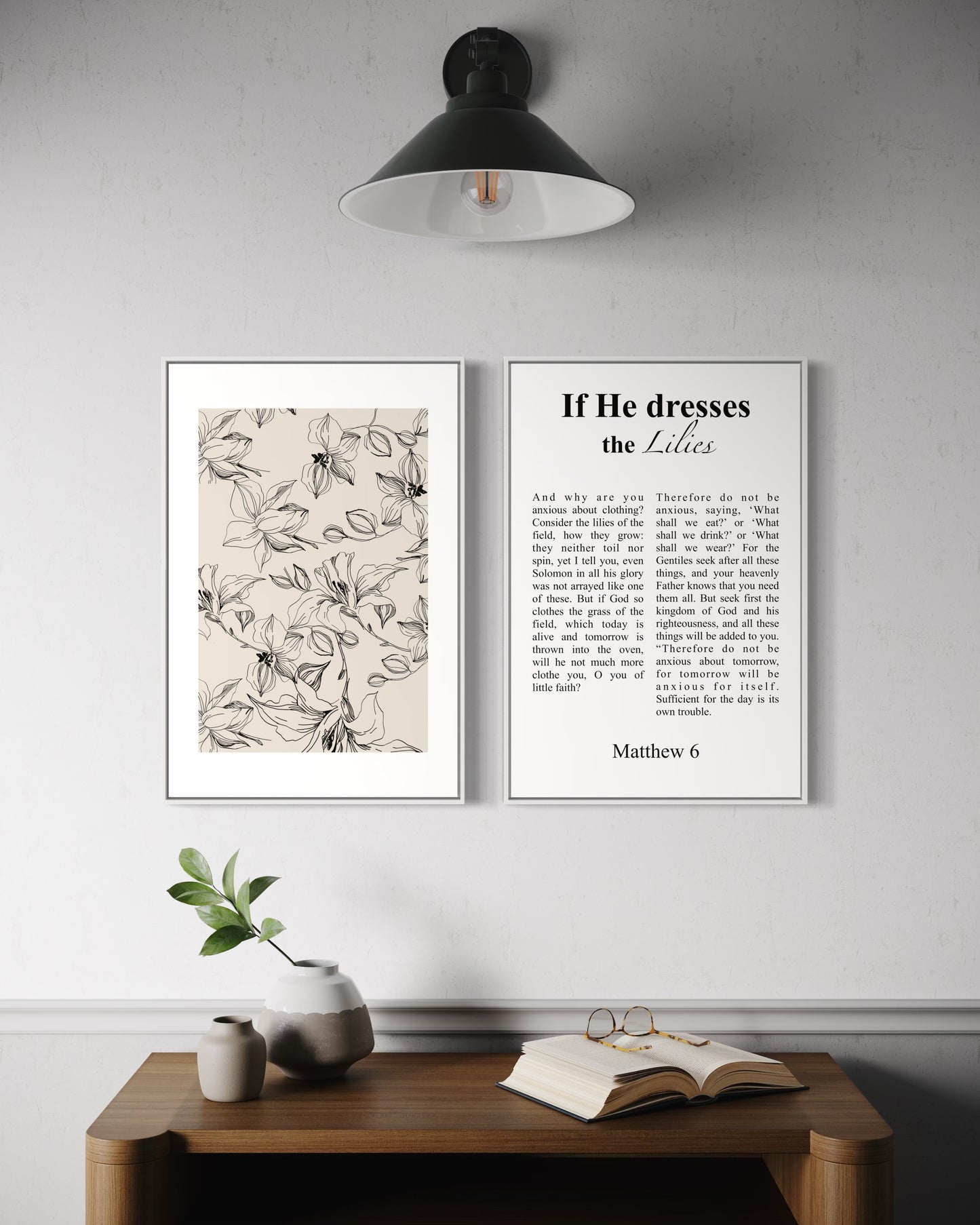 Set of 3 Christian Wall Art Prints – “God is in Control” & “If He Dresses the Lilies” – Printable Bible Verse Decor