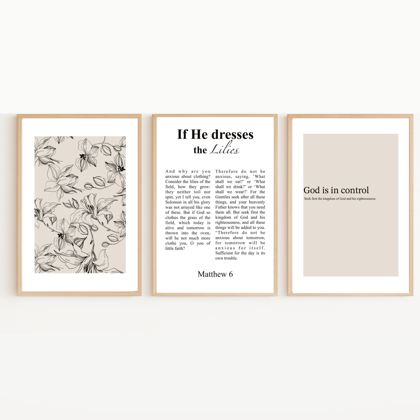 Set of 3 Christian Wall Art Prints – “God is in Control” & “If He Dresses the Lilies” – Printable Bible Verse Decor