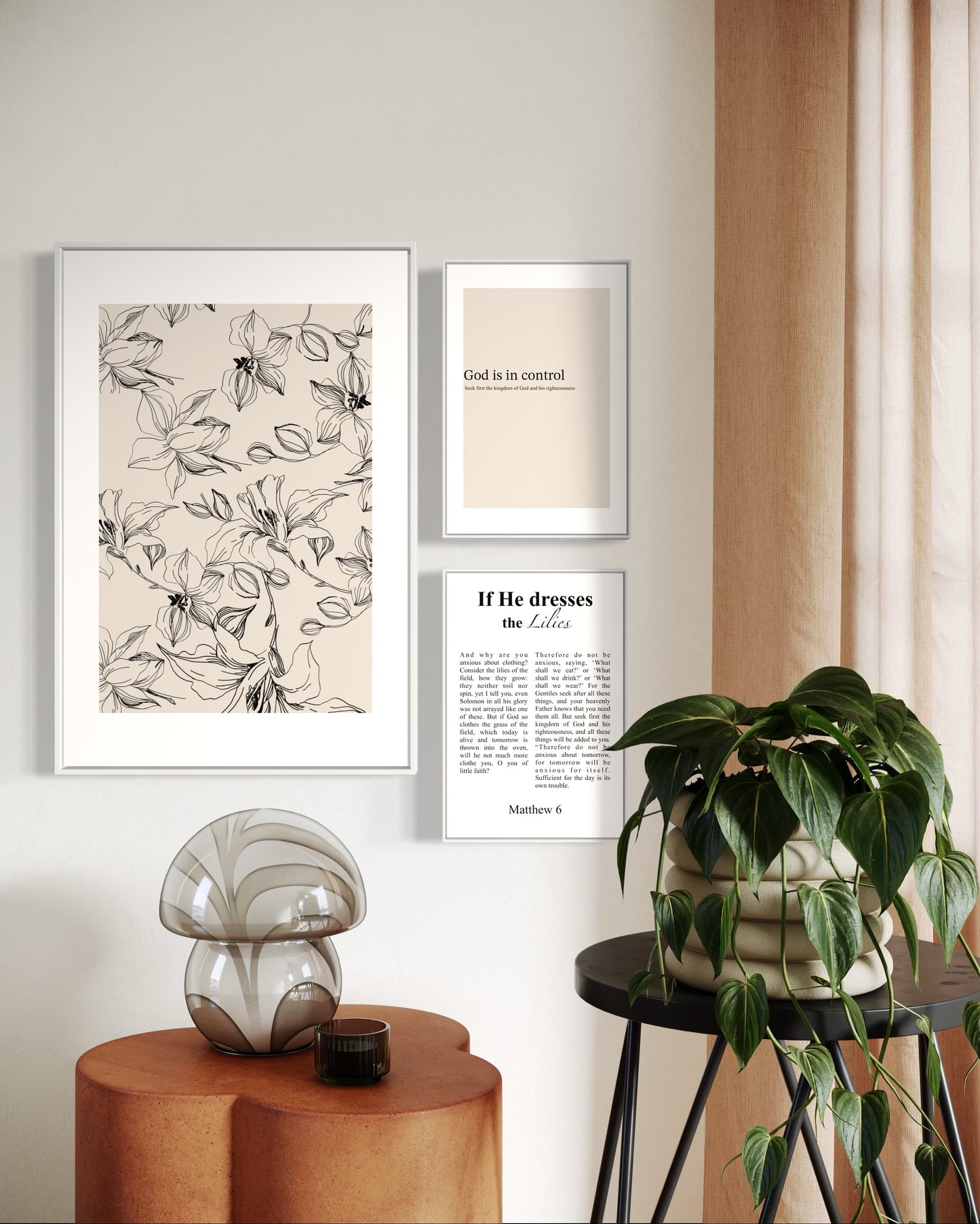 Set of 3 Christian Wall Art Prints – “God is in Control” & “If He Dresses the Lilies” – Printable Bible Verse Decor