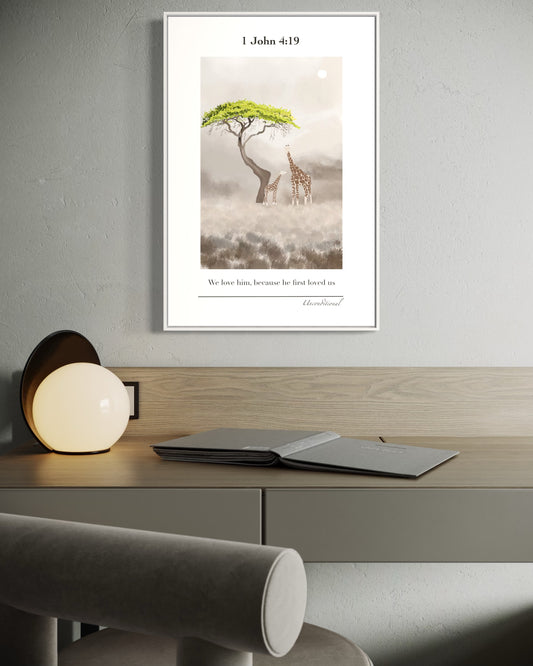 Christian Wall Art – 1 John 4:19 – Giraffes Under Tree | Digital Download