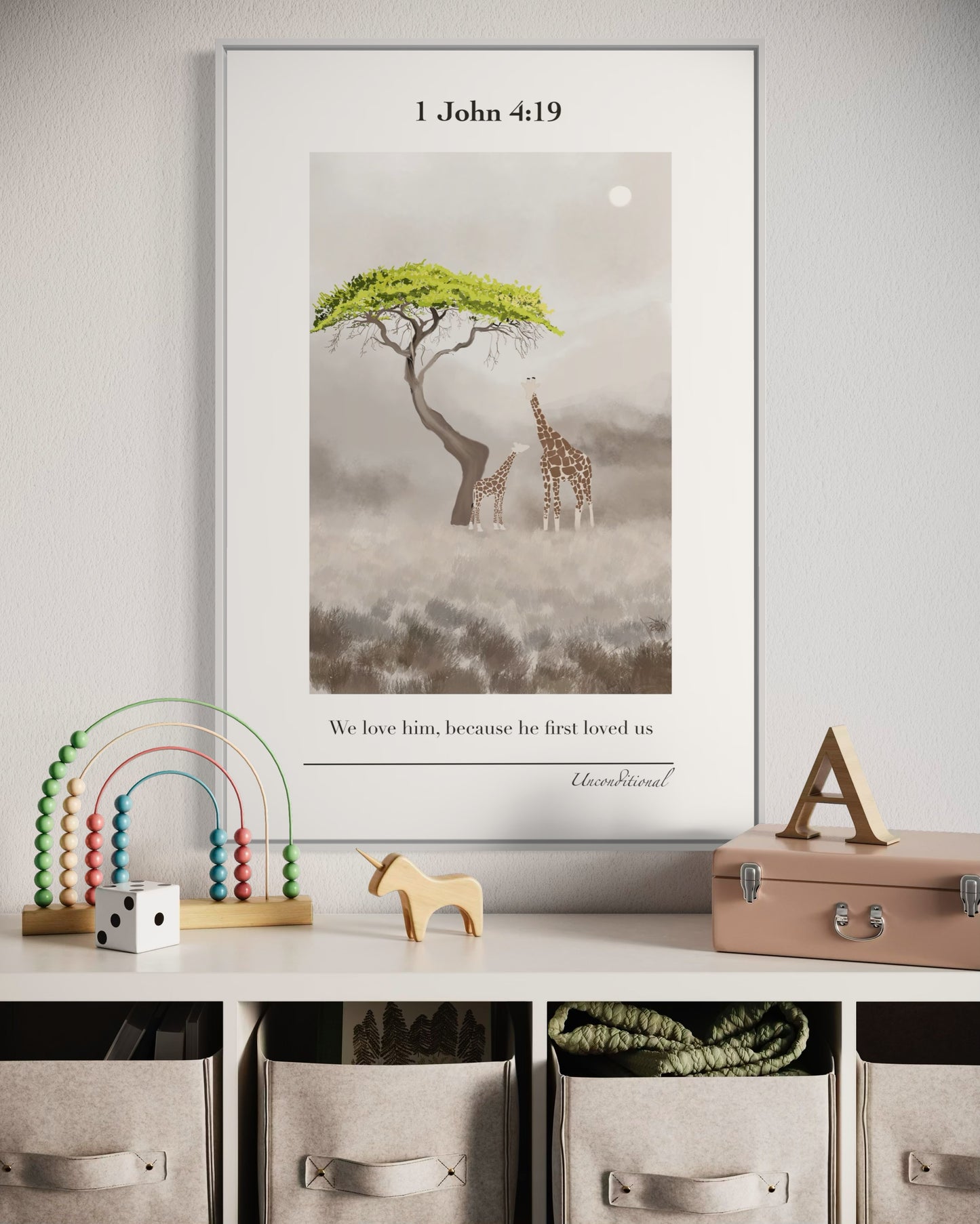 Christian Wall Art – 1 John 4:19 – Giraffes Under Tree | Digital Download