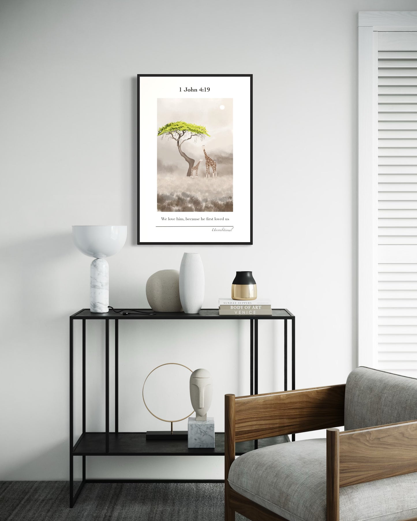 Christian Wall Art – 1 John 4:19 – Giraffes Under Tree | Digital Download