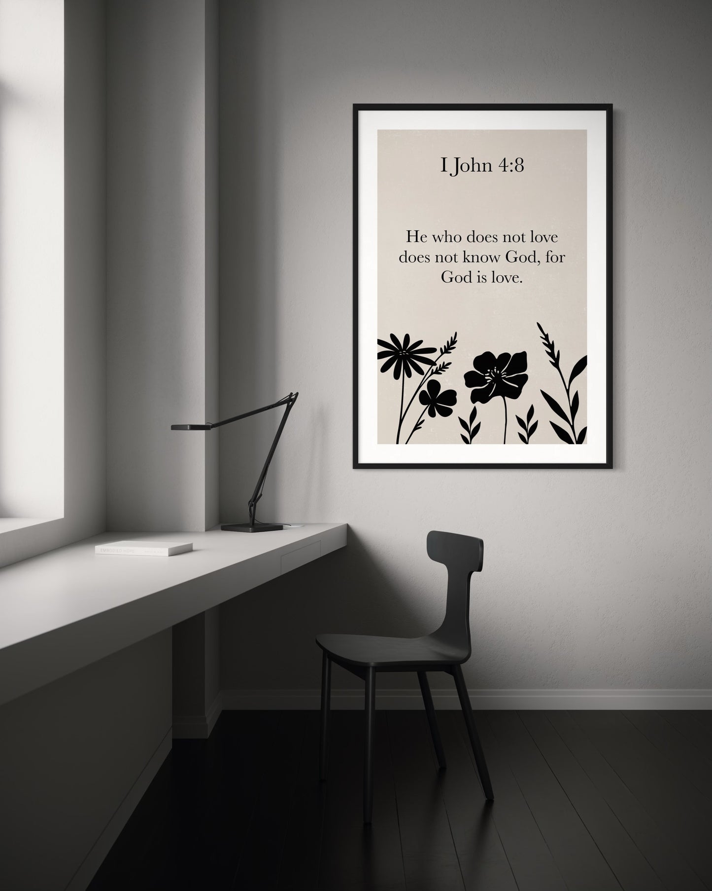 Christian Wall Art – 1 John 4:8 “God Is Love” – Minimalist Bible Verse Print with Black Floral Silhouettes – Neutral Scripture Printable Decor