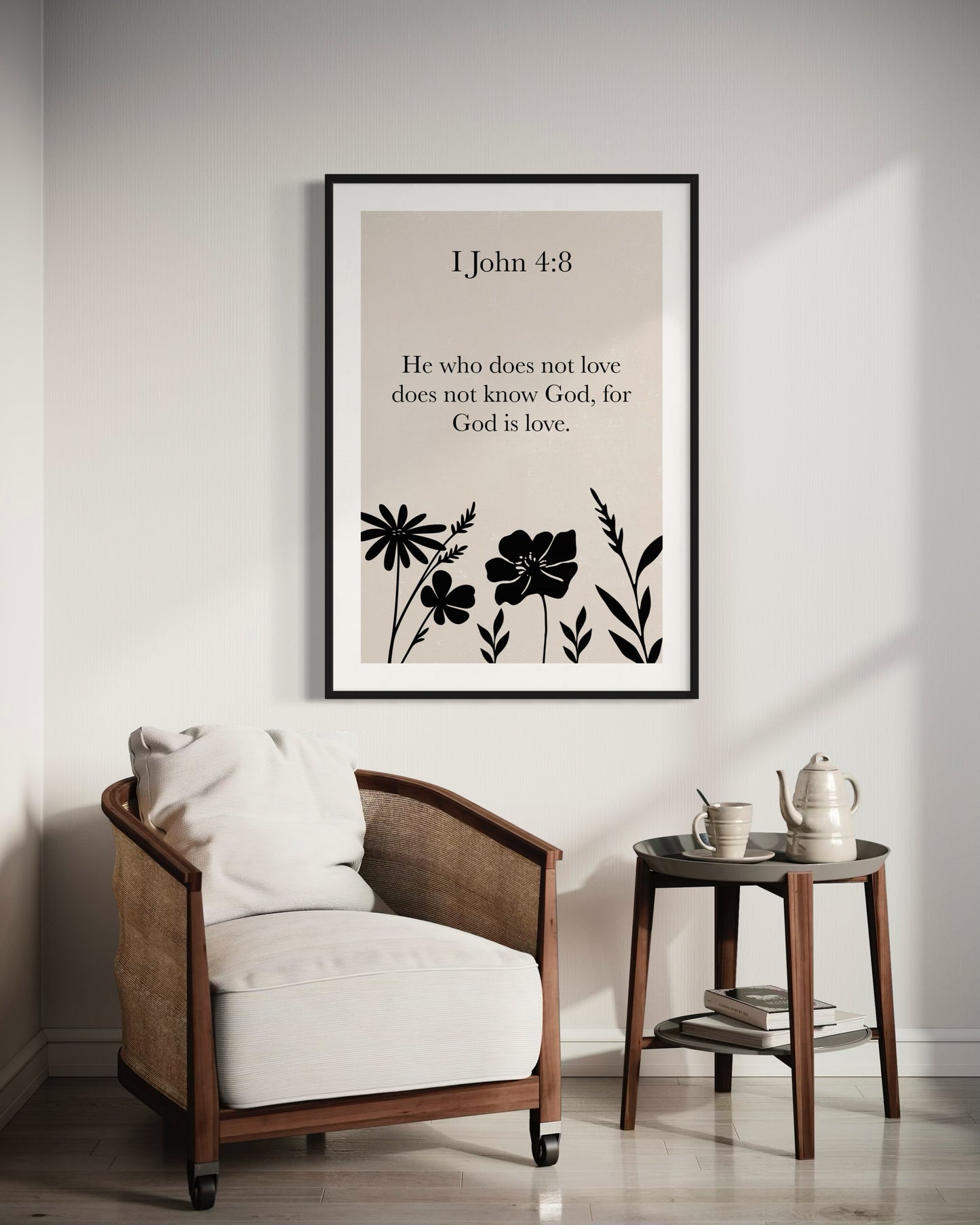 Christian Wall Art – 1 John 4:8 “God Is Love” – Minimalist Bible Verse Print with Black Floral Silhouettes – Neutral Scripture Printable Decor