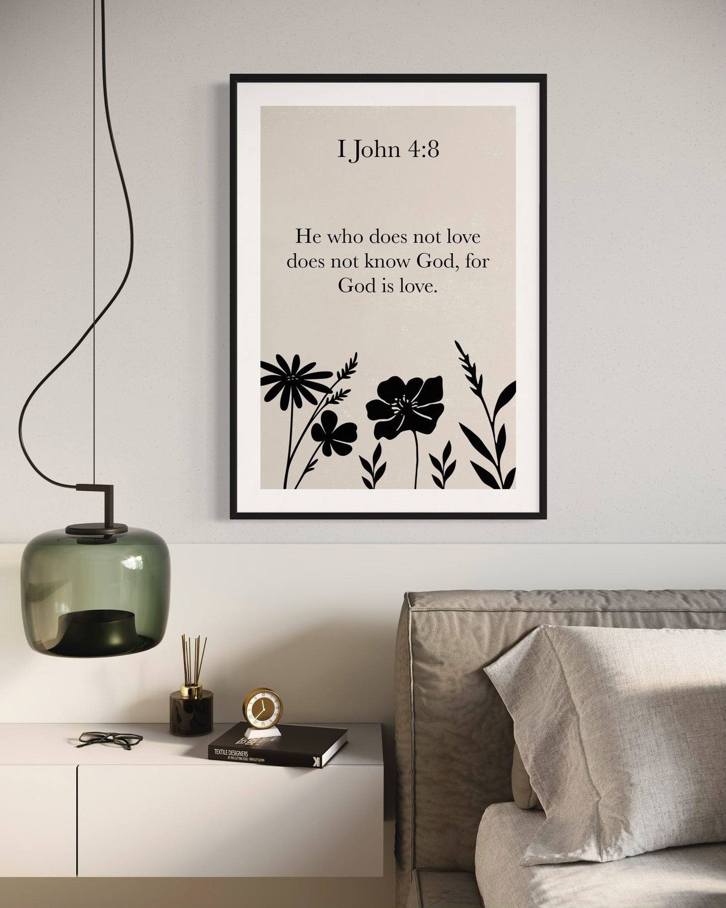 Christian Wall Art – 1 John 4:8 “God Is Love” – Minimalist Bible Verse Print with Black Floral Silhouettes – Neutral Scripture Printable Decor