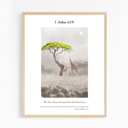 Christian Wall Art – 1 John 4:19 – Giraffes Under Tree | Digital Download