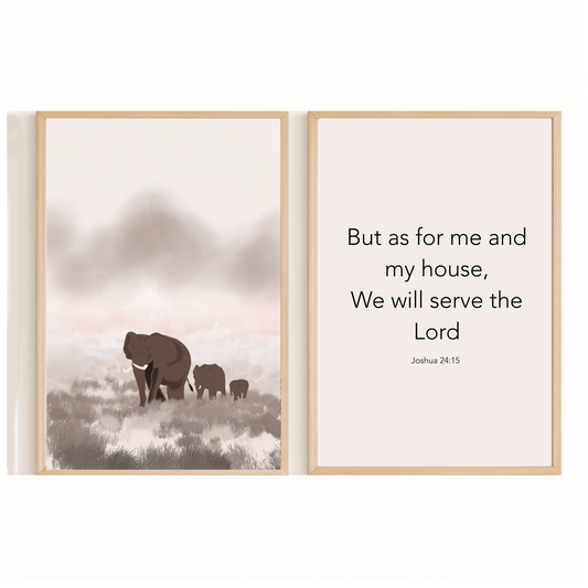 Christian Wall Art Set – Joshua 24:15 “As for Me and My House” Bible Verse with Elephant Family Print – Neutral Printable Decor