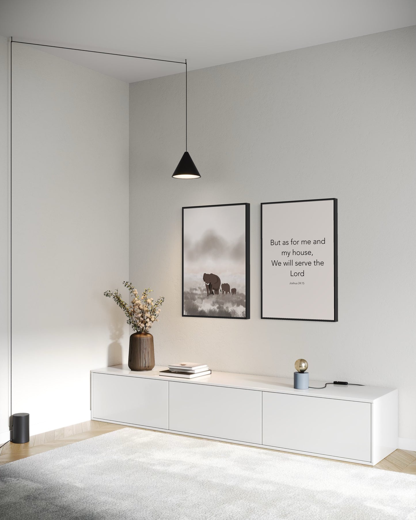 Christian Wall Art Set – Joshua 24:15 “As for Me and My House” Bible Verse with Elephant Family Print – Neutral Printable Decor