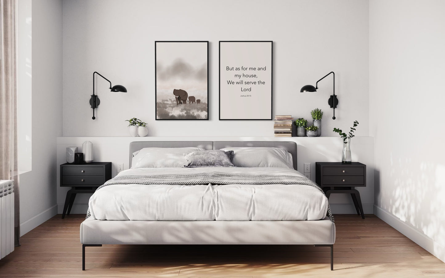 Christian Wall Art Set – Joshua 24:15 “As for Me and My House” Bible Verse with Elephant Family Print – Neutral Printable Decor