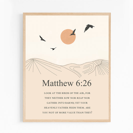 Matthew 6:26 Bible Verse Wall Art – Christian Printable Decor | “Look at the Birds of the Air” Minimalist Scripture Print