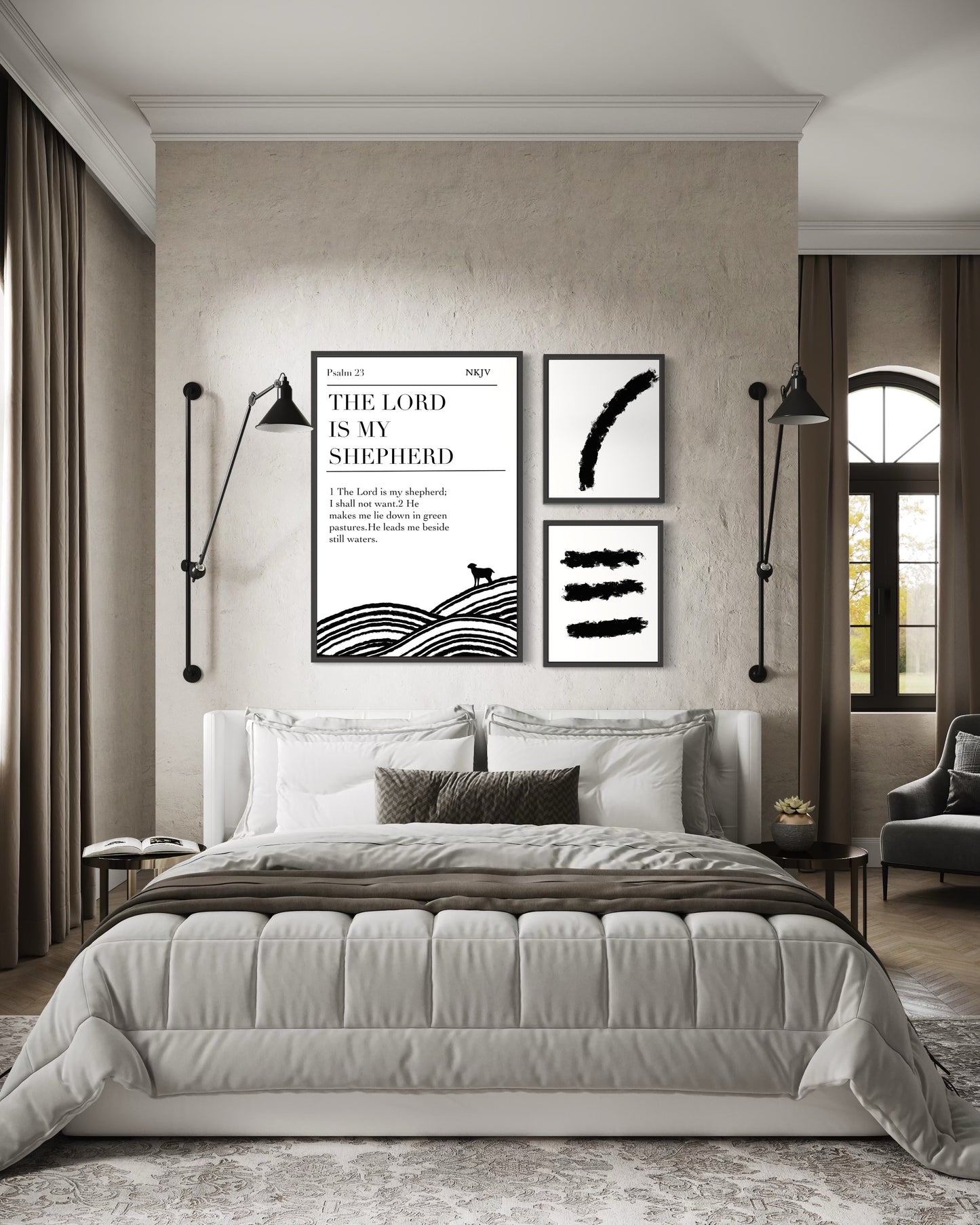 Christian Wall Art Set of 3 – Psalm 23 “The Lord Is My Shepherd” Bible Verse Print + Minimalist Abstract Prints | Scripture Digital Download