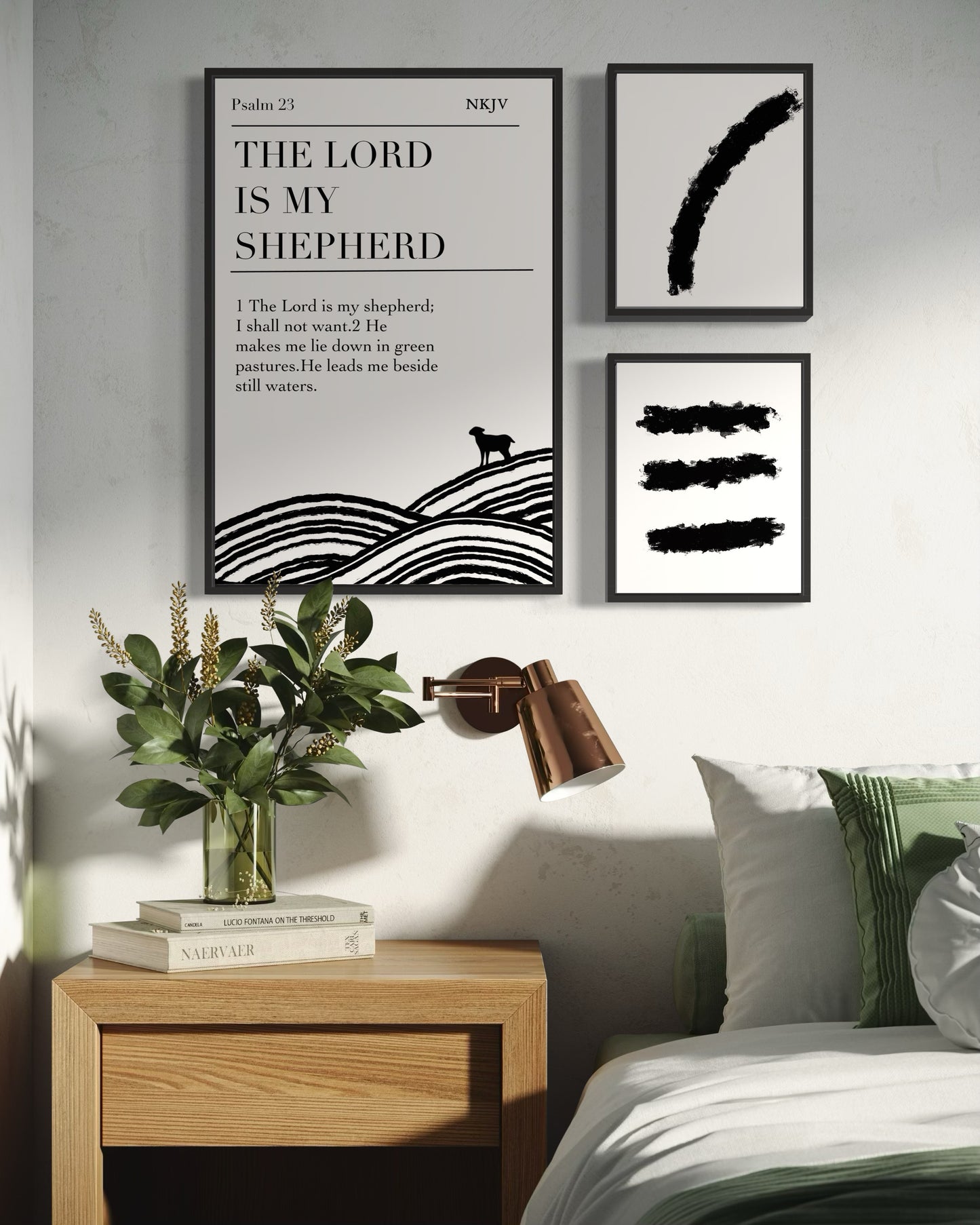 Christian Wall Art Set of 3 – Psalm 23 “The Lord Is My Shepherd” Bible Verse Print + Minimalist Abstract Prints | Scripture Digital Download