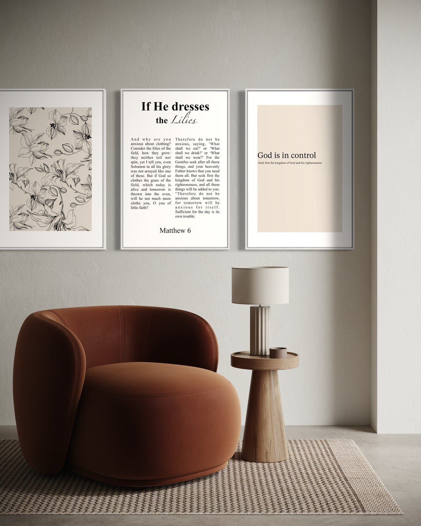 Set of 3 Christian Wall Art Prints – “God is in Control” & “If He Dresses the Lilies” – Printable Bible Verse Decor