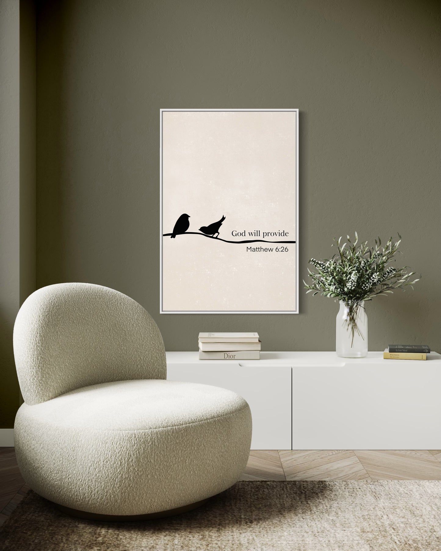 Christian Wall Art – Matthew 6:26 “God Will Provide” Bible Verse with Birds – Minimalist Printable Decor-Beige colour