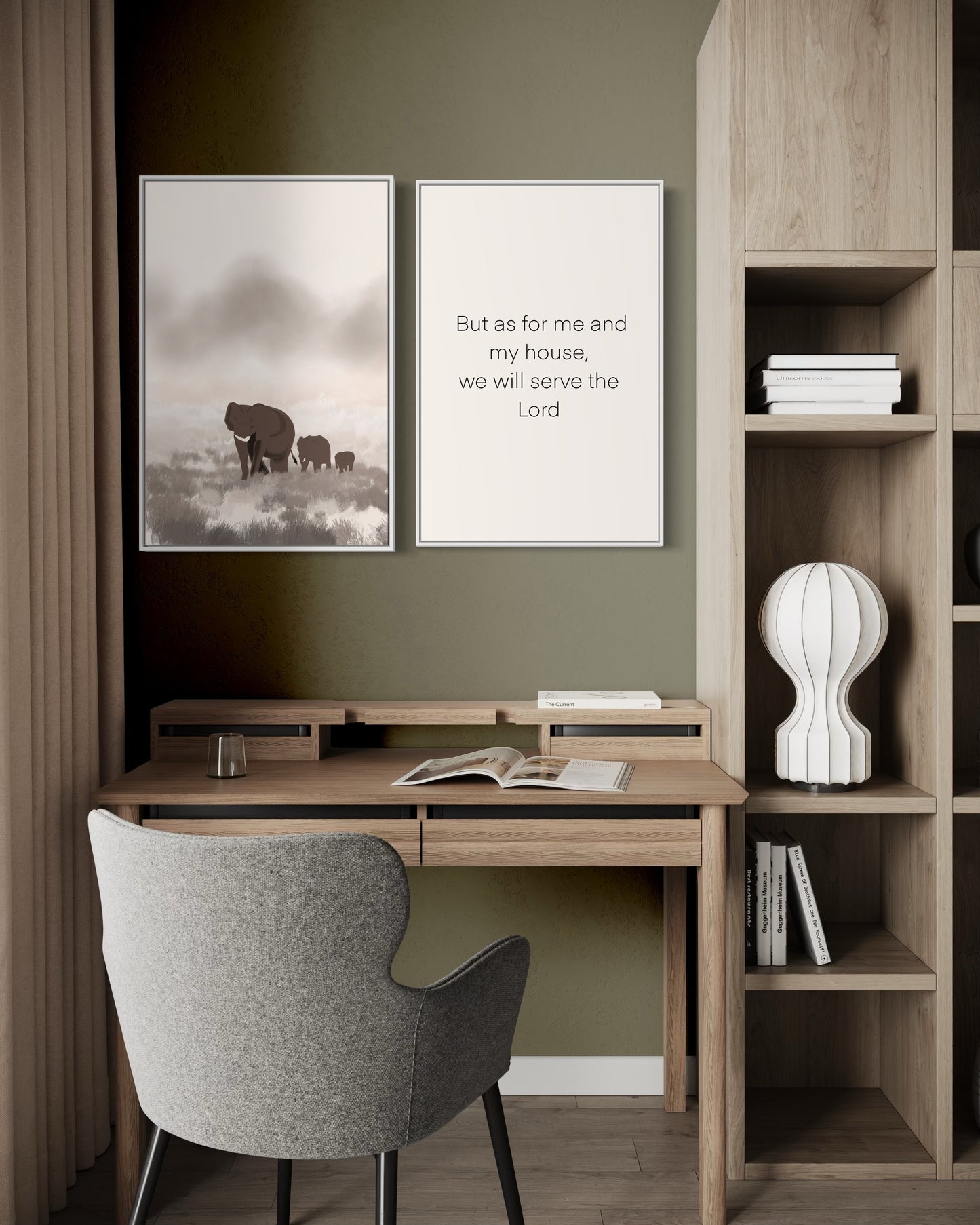 Christian Wall Art Set – Joshua 24:15 “As for Me and My House” Bible Verse with Elephant Family Print – Neutral Printable Decor