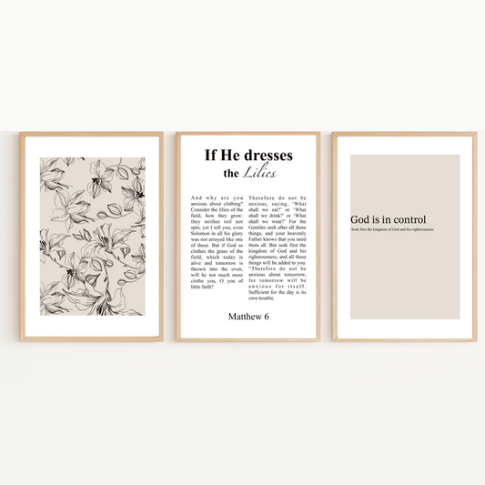 Set of 3 Christian Wall Art Prints – “God is in Control” & “If He Dresses the Lilies” – Printable Bible Verse Decor