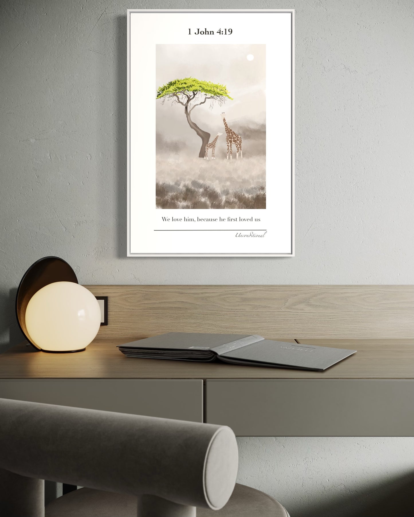 Christian Wall Art – 1 John 4:19 – Giraffes Under Tree | Digital Download