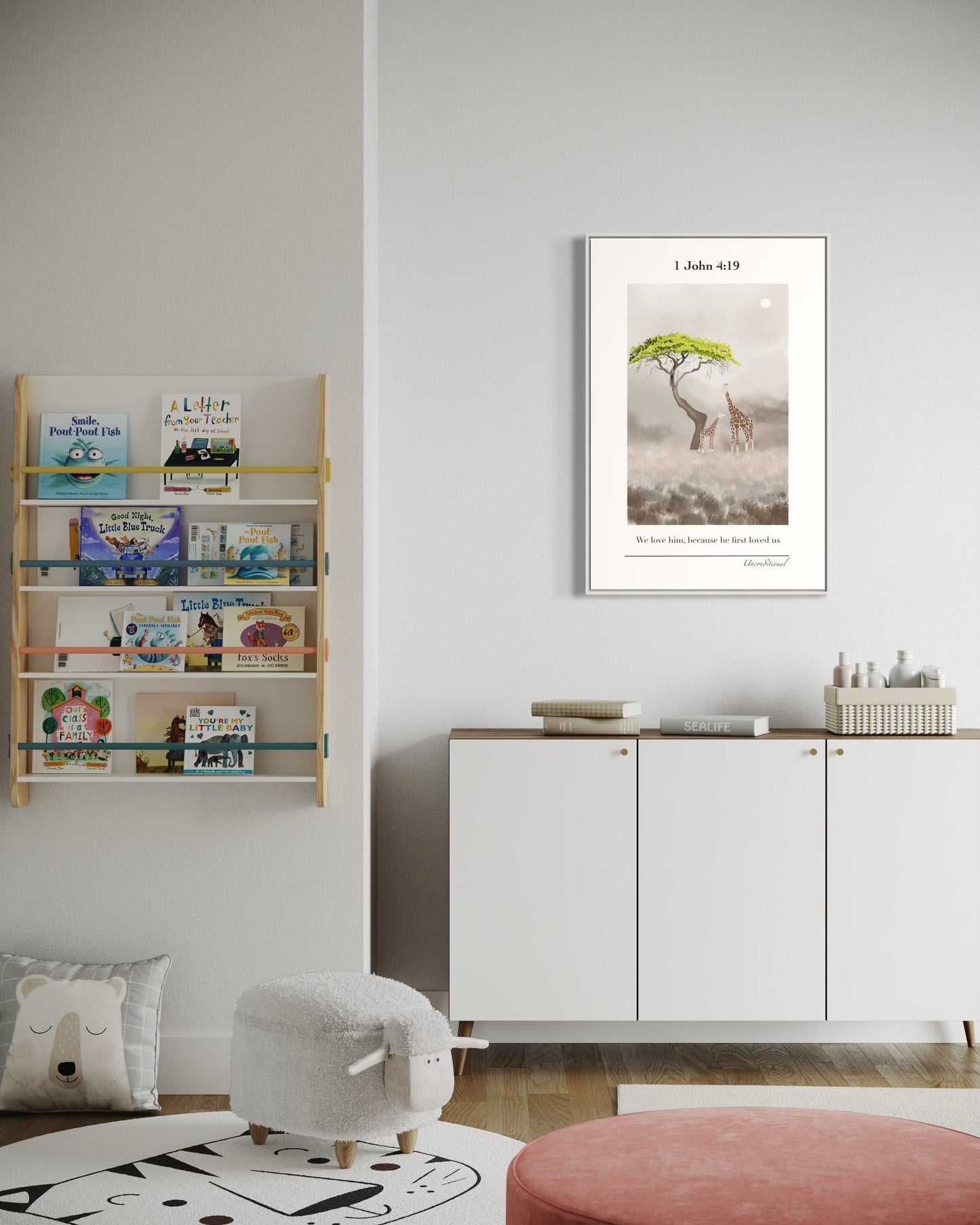 Christian Wall Art – 1 John 4:19 – Giraffes Under Tree | Digital Download