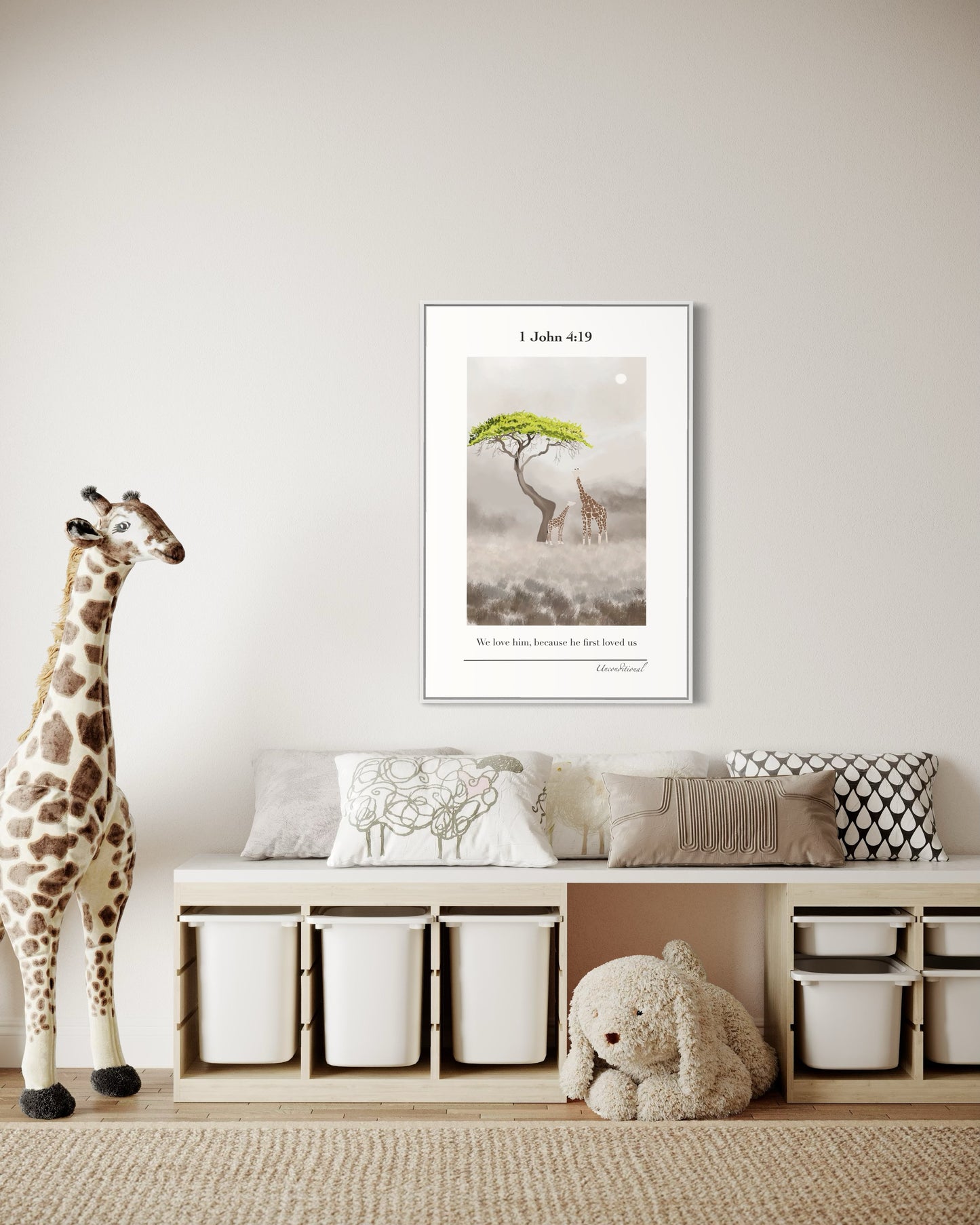 Christian Wall Art – 1 John 4:19 – Giraffes Under Tree | Digital Download