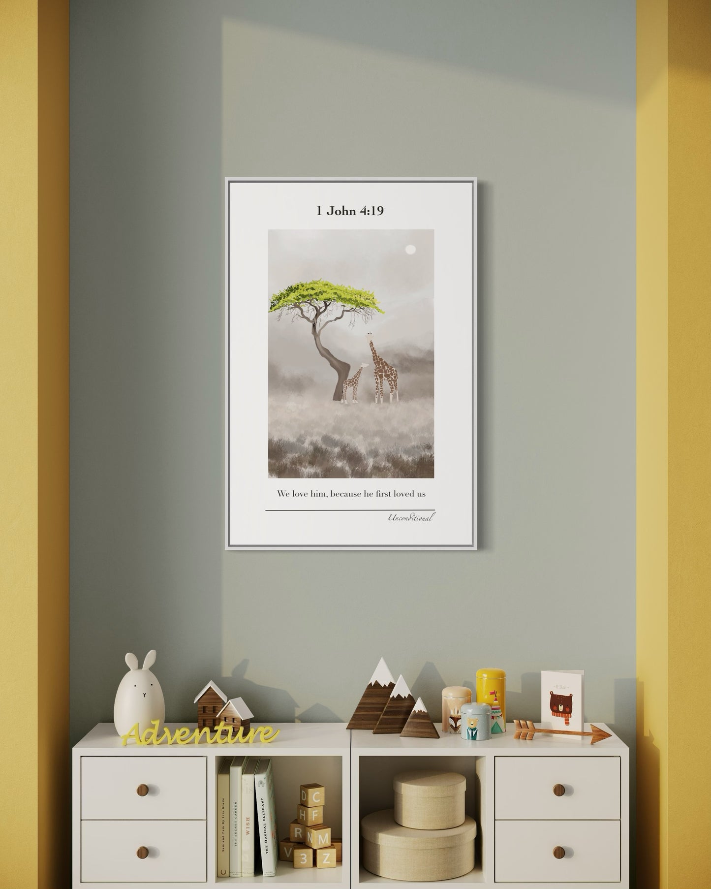 Christian Wall Art – 1 John 4:19 – Giraffes Under Tree | Digital Download