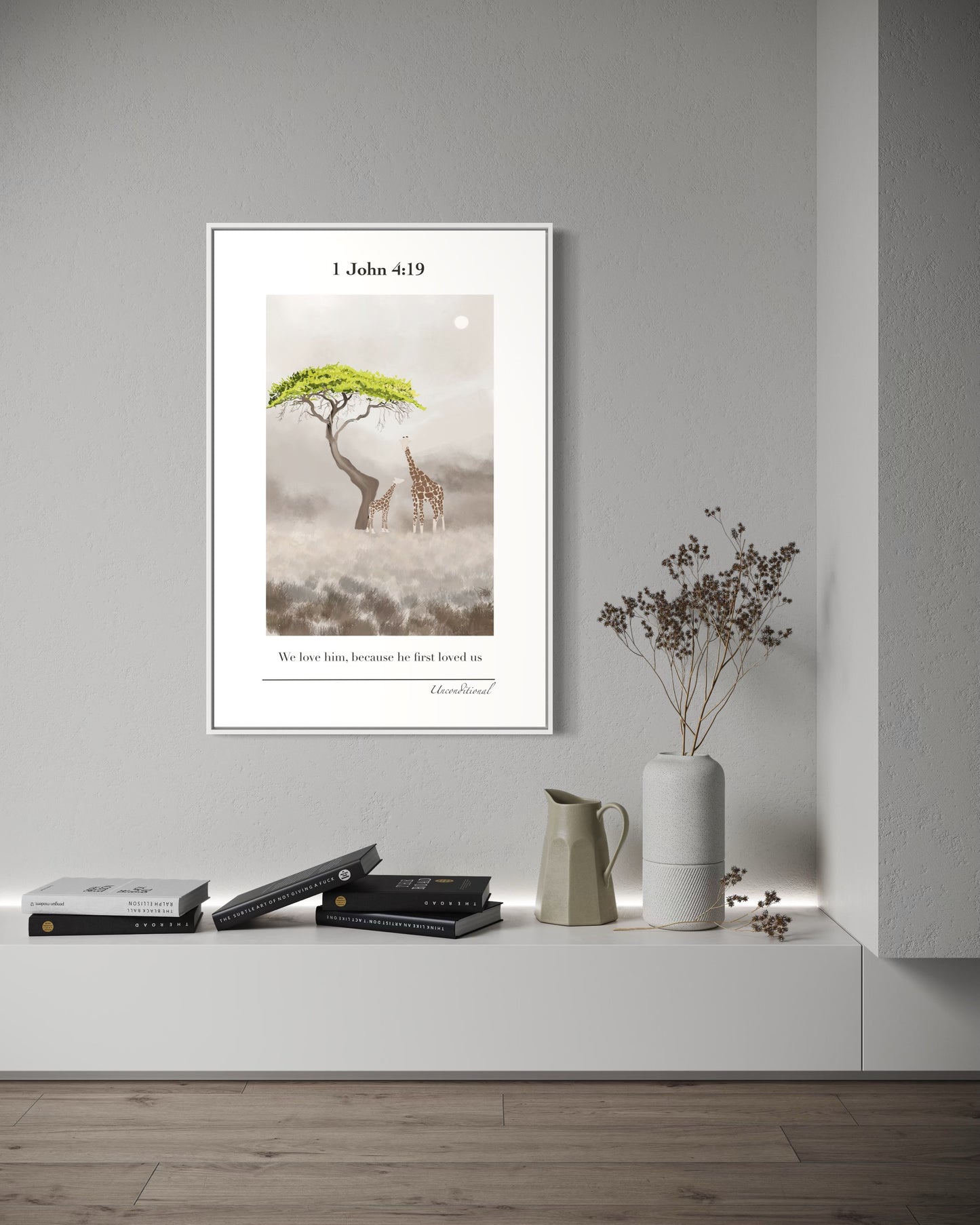 Christian Wall Art – 1 John 4:19 – Giraffes Under Tree | Digital Download