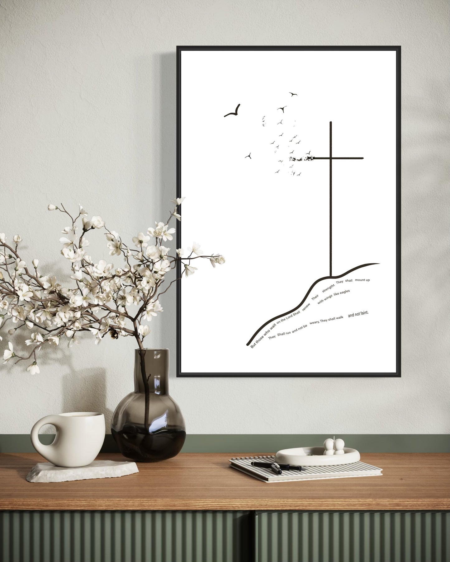 Isaiah 40:31 Christian Wall Art – Bible Verse Printable “Those Who Wait on the Lord” – Minimalist Cross & Birds Scripture Print