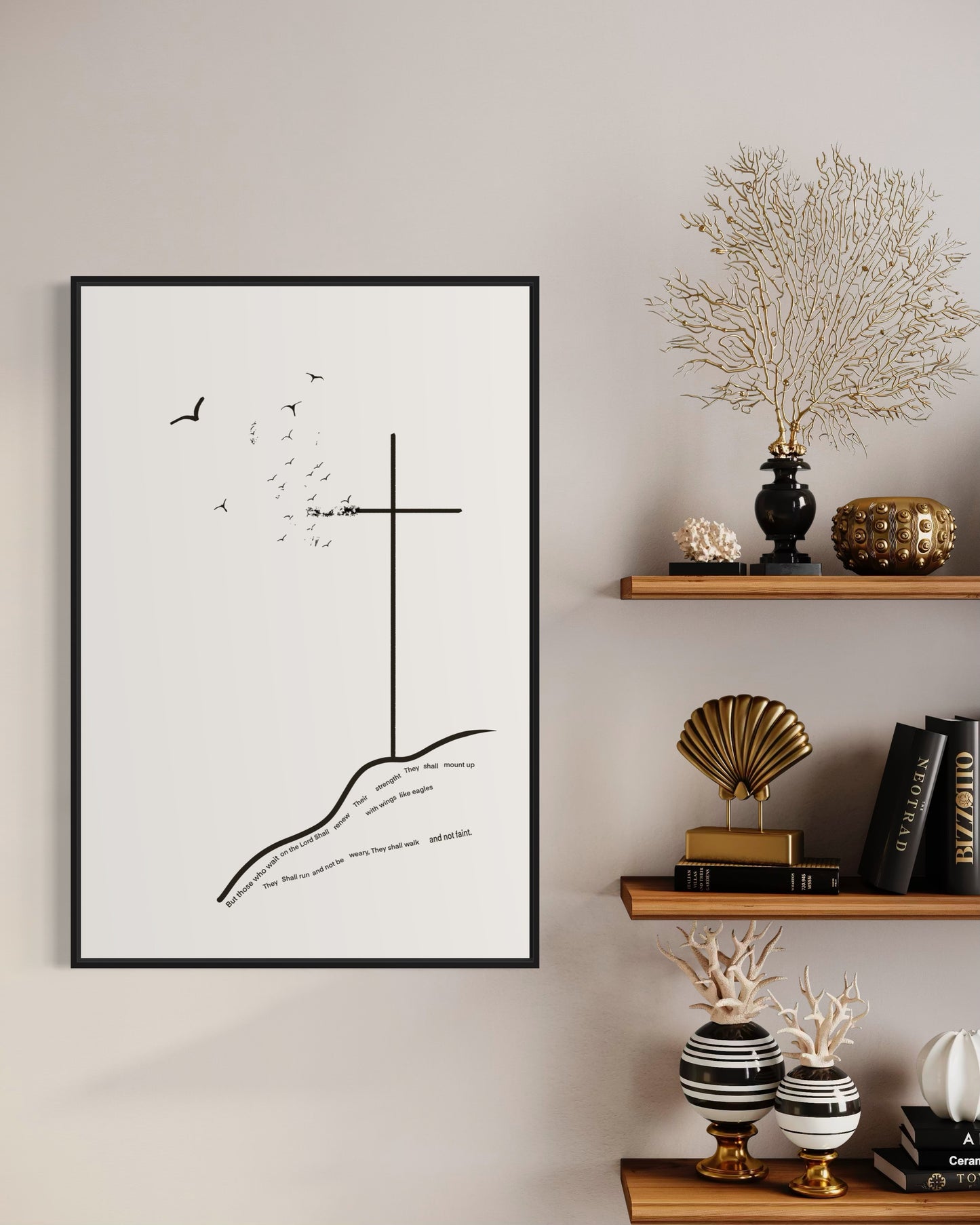 Isaiah 40:31 Christian Wall Art – Bible Verse Printable “Those Who Wait on the Lord” – Minimalist Cross & Birds Scripture Print