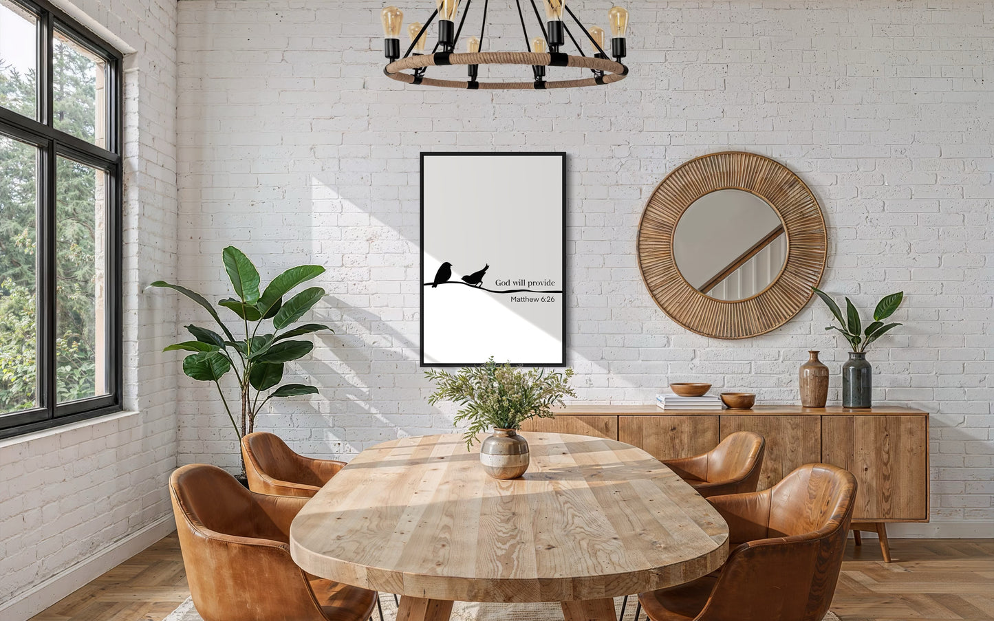Christian Wall Art – Matthew 6:26 “God Will Provide” Bible Verse with Birds – Minimalist Printable Decor