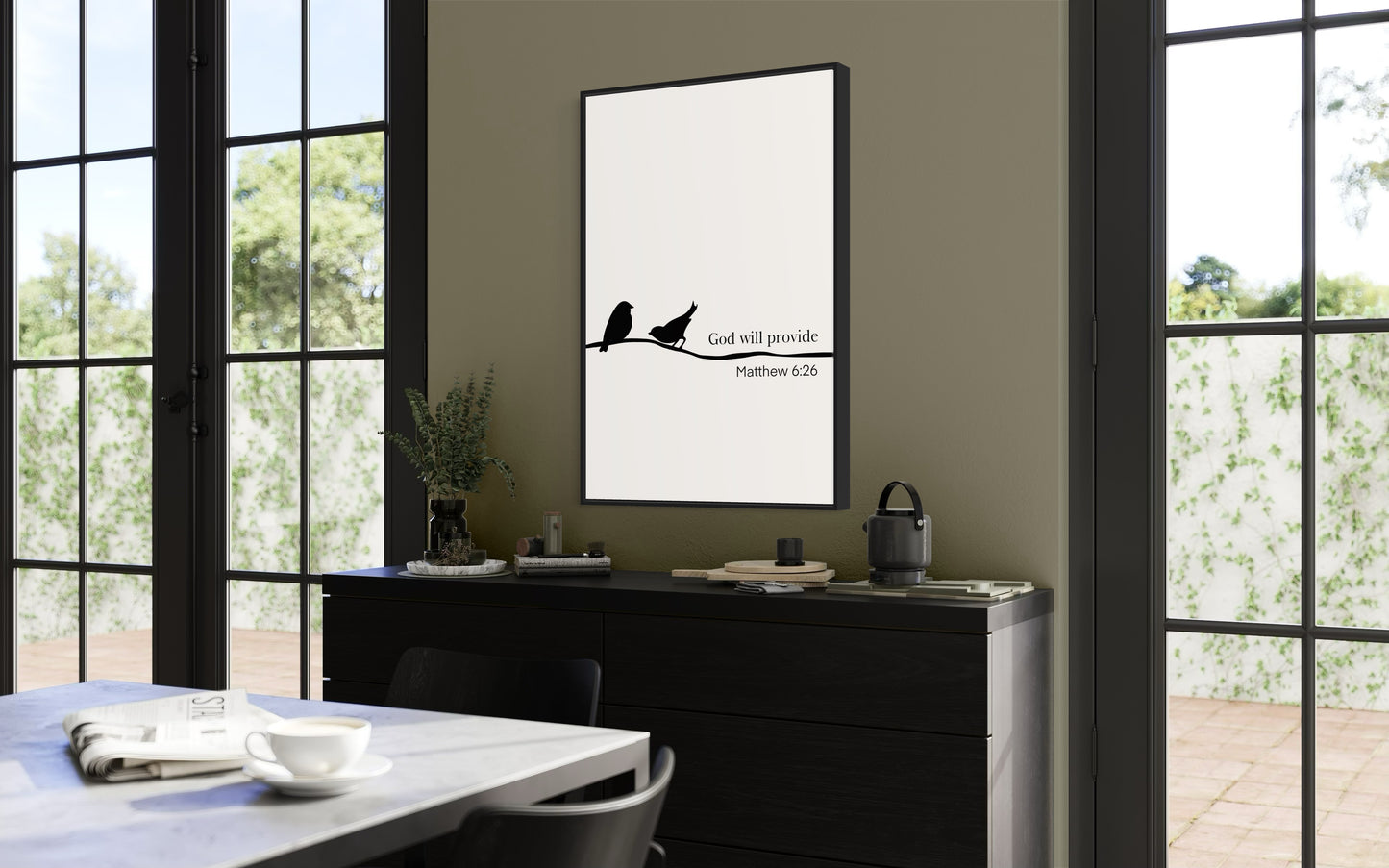 Christian Wall Art – Matthew 6:26 “God Will Provide” Bible Verse with Birds – Minimalist Printable Decor