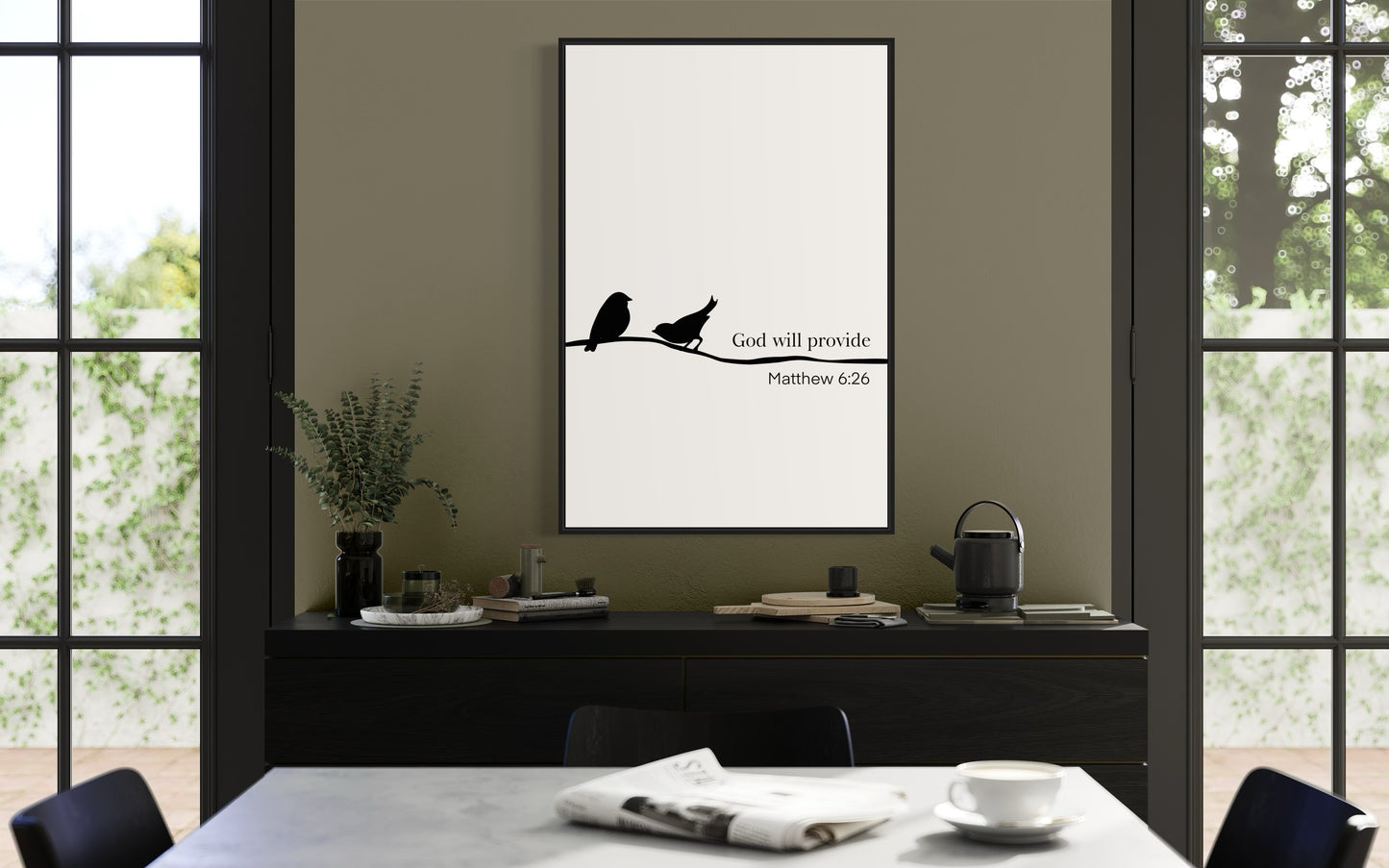 Christian Wall Art – Matthew 6:26 “God Will Provide” Bible Verse with Birds – Minimalist Printable Decor