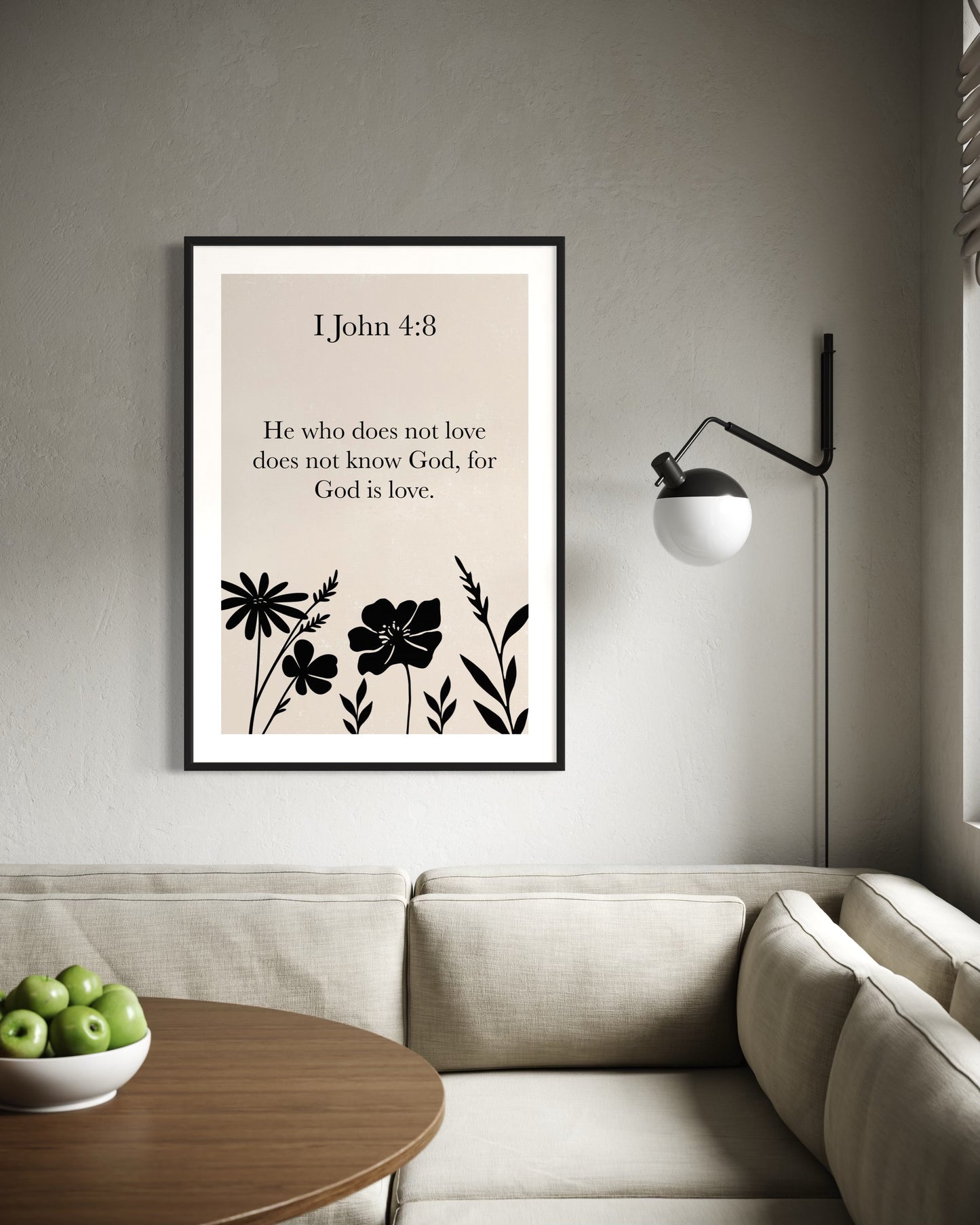 Christian Wall Art – 1 John 4:8 “God Is Love” – Minimalist Bible Verse Print with Black Floral Silhouettes – Neutral Scripture Printable Decor