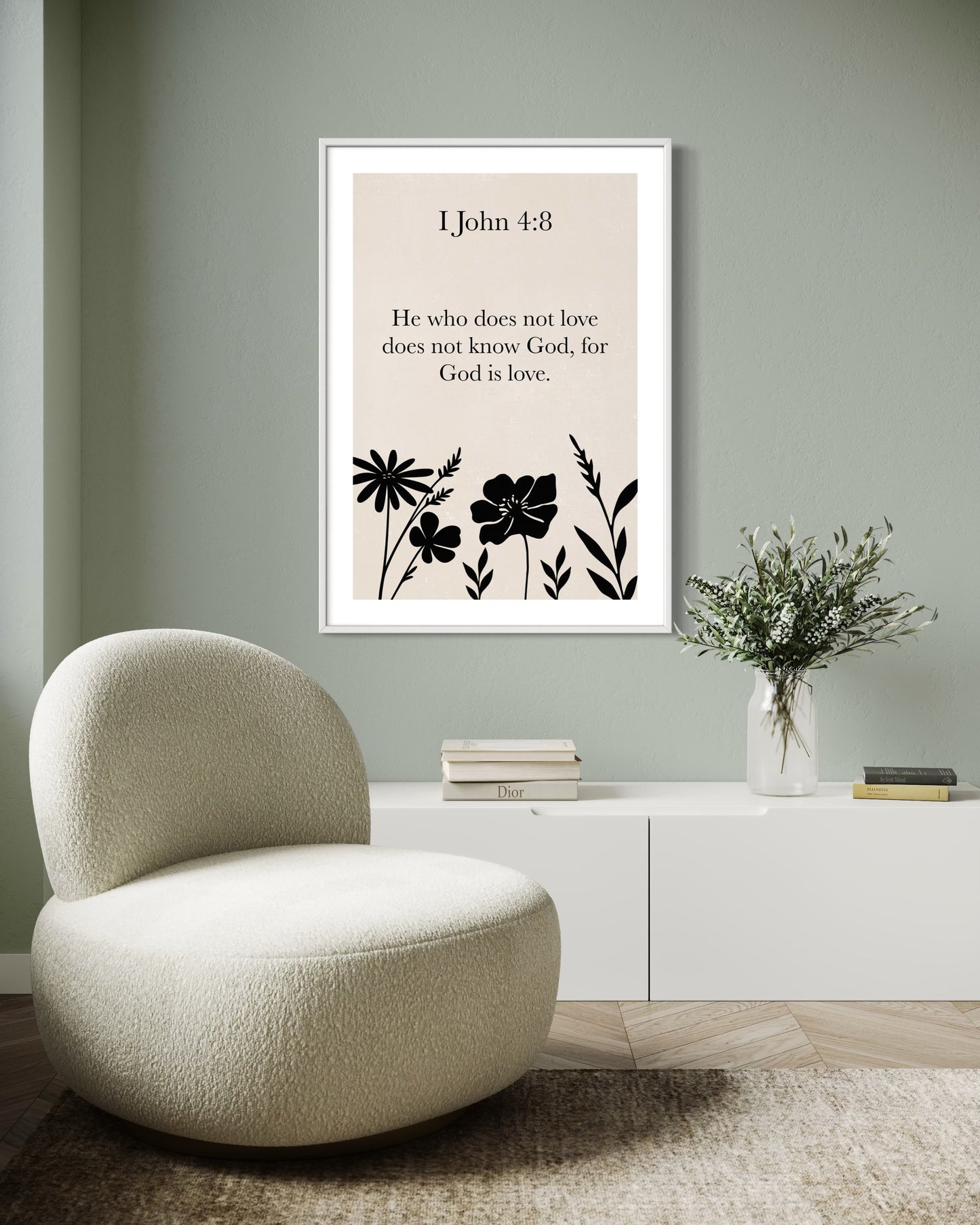 Christian Wall Art – 1 John 4:8 “God Is Love” – Minimalist Bible Verse Print with Black Floral Silhouettes – Neutral Scripture Printable Decor