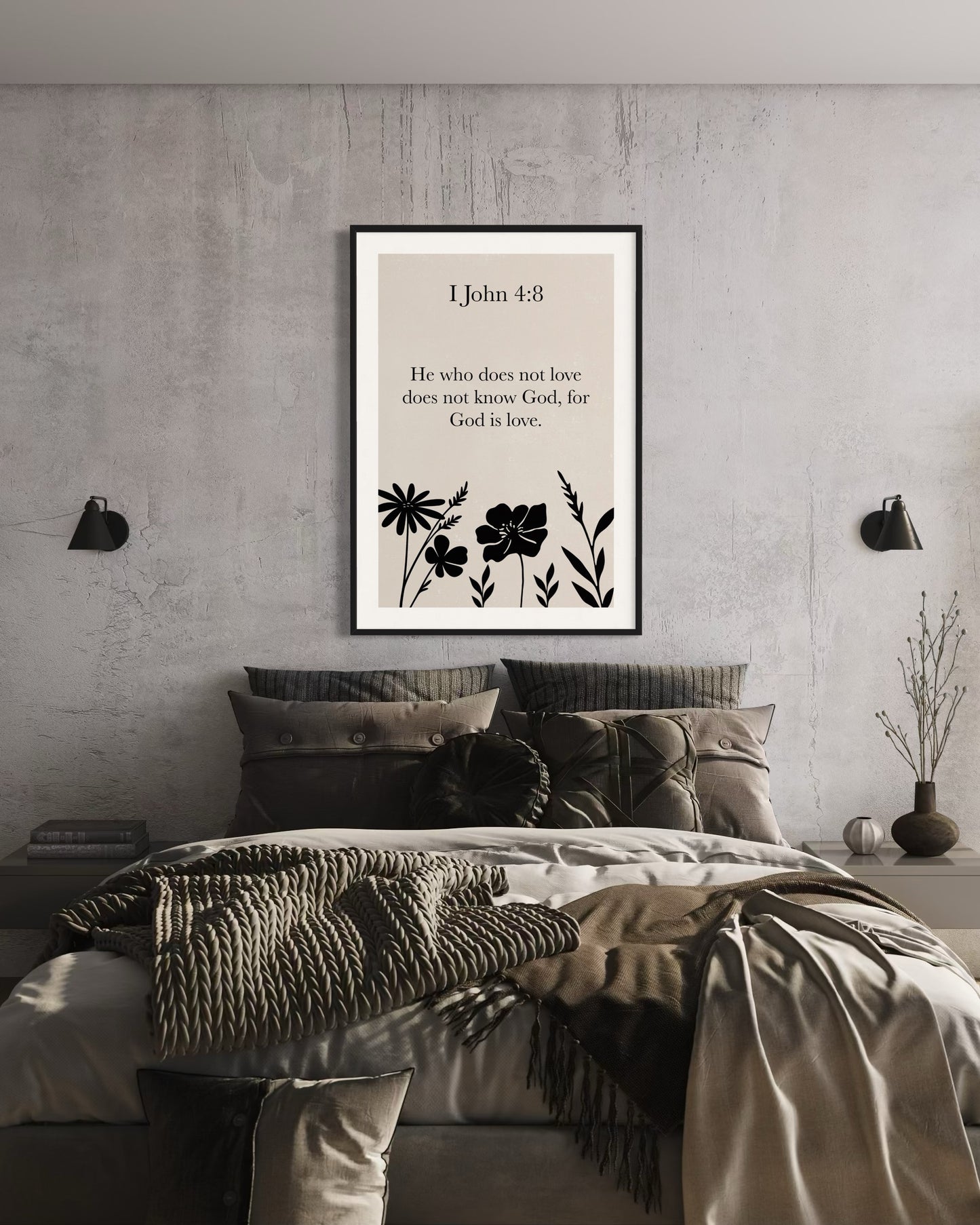 Christian Wall Art – 1 John 4:8 “God Is Love” – Minimalist Bible Verse Print with Black Floral Silhouettes – Neutral Scripture Printable Decor