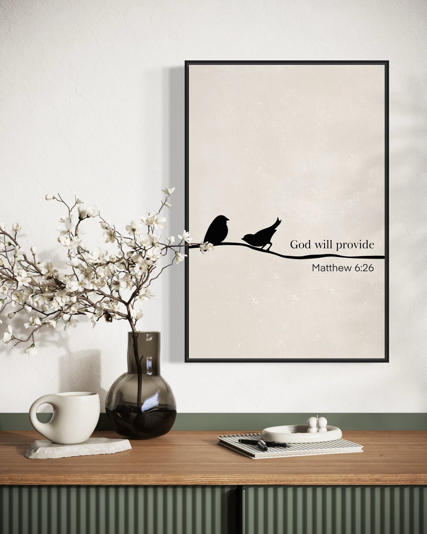 Christian Wall Art – Matthew 6:26 “God Will Provide” Bible Verse with Birds – Minimalist Printable Decor-Beige colour
