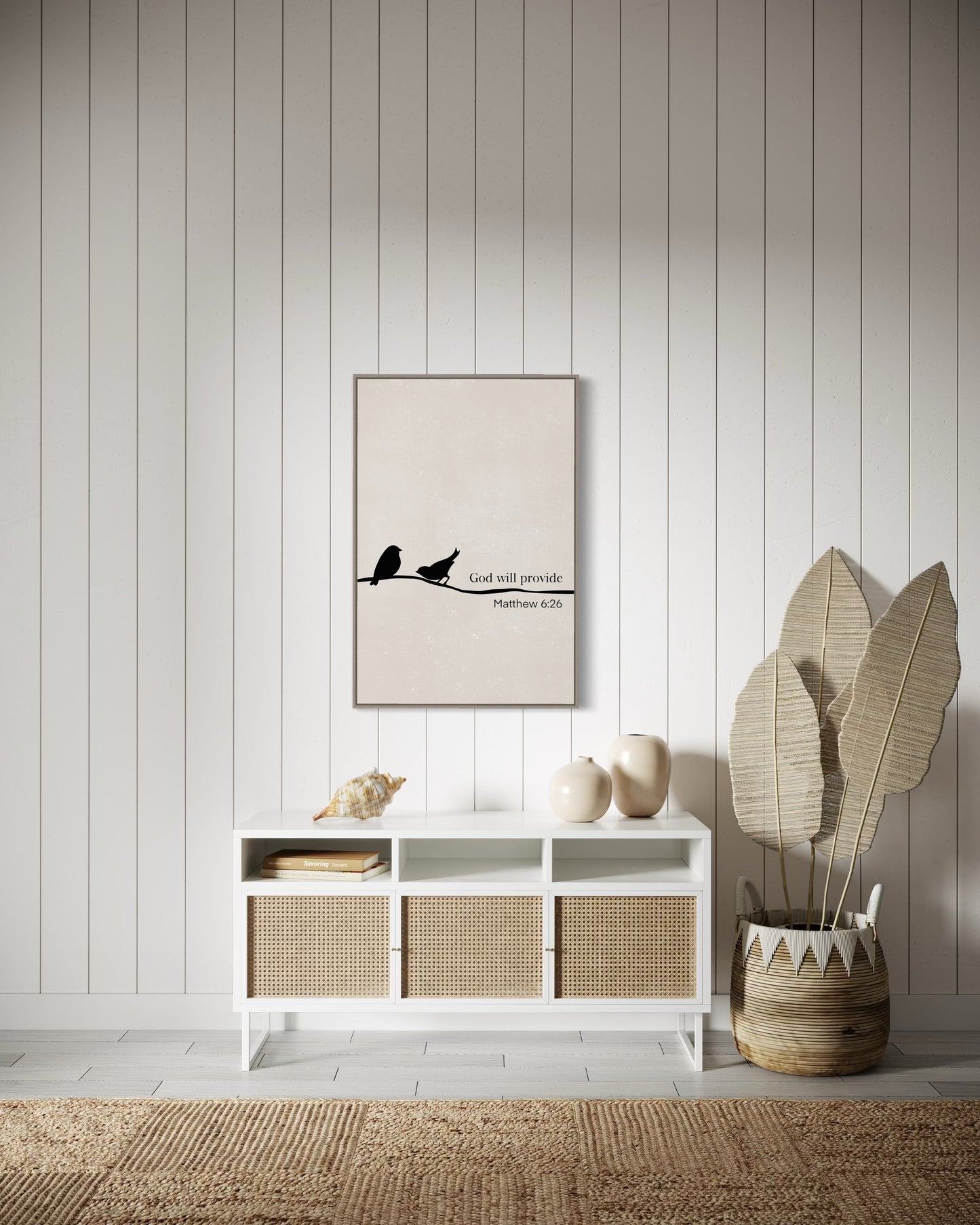 Christian Wall Art – Matthew 6:26 “God Will Provide” Bible Verse with Birds – Minimalist Printable Decor-Beige colour