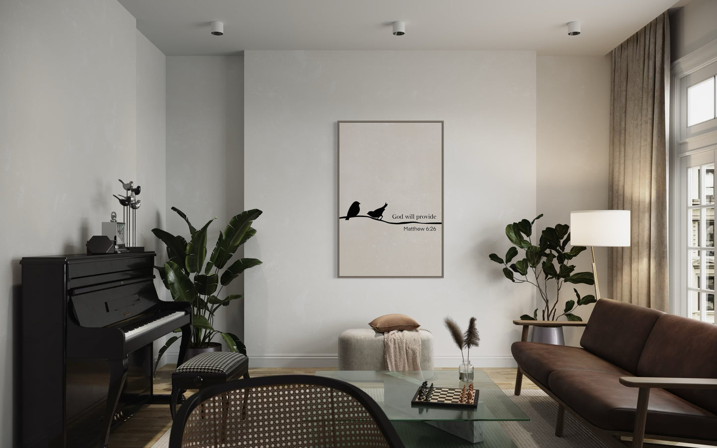 Christian Wall Art – Matthew 6:26 “God Will Provide” Bible Verse with Birds – Minimalist Printable Decor-Beige colour