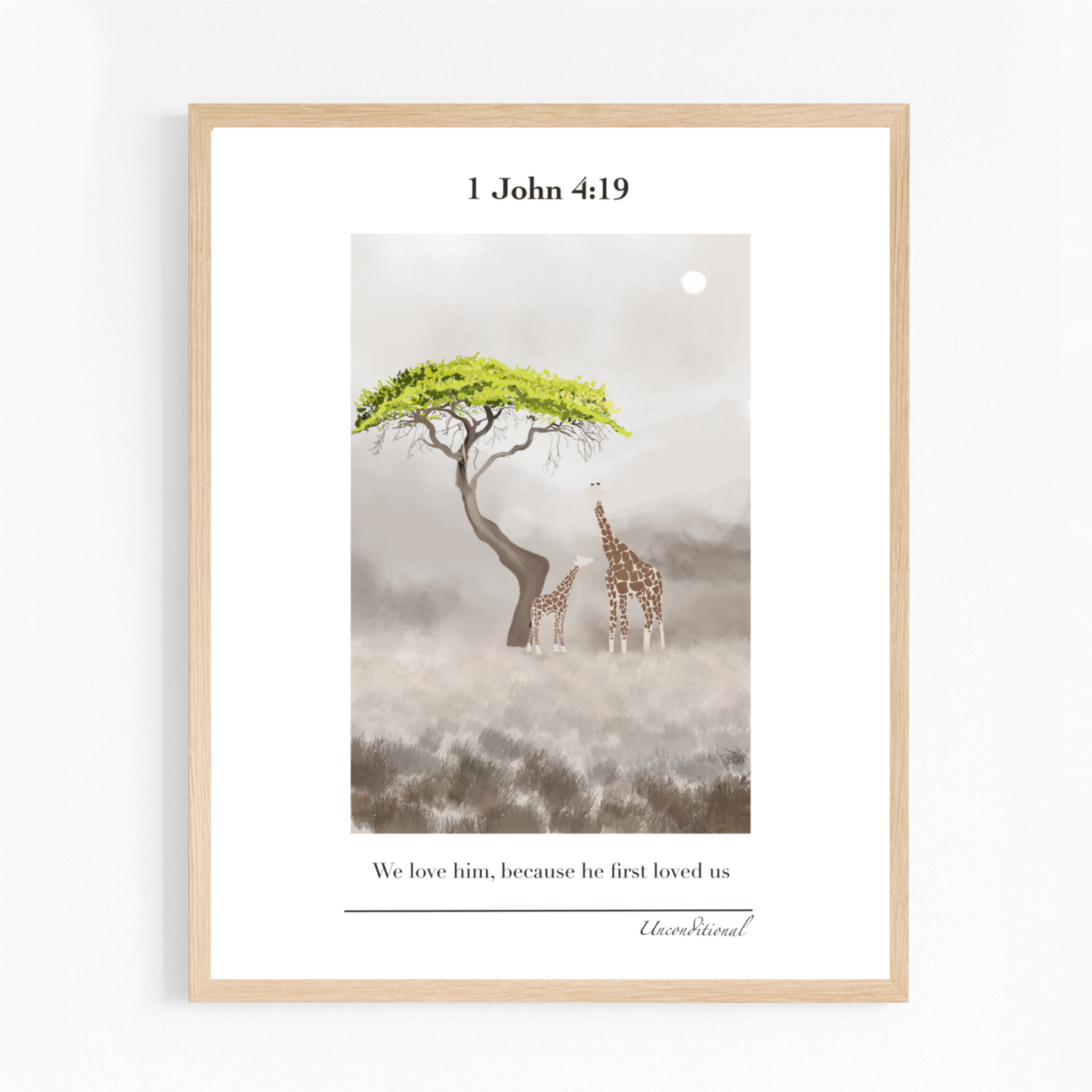 Christian Wall Art – 1 John 4:19 – Giraffes Under Tree | Digital Download